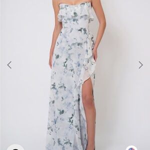 Jenny Yoo Strapless Salma Print Chiffon Floral Dress in Blue and White